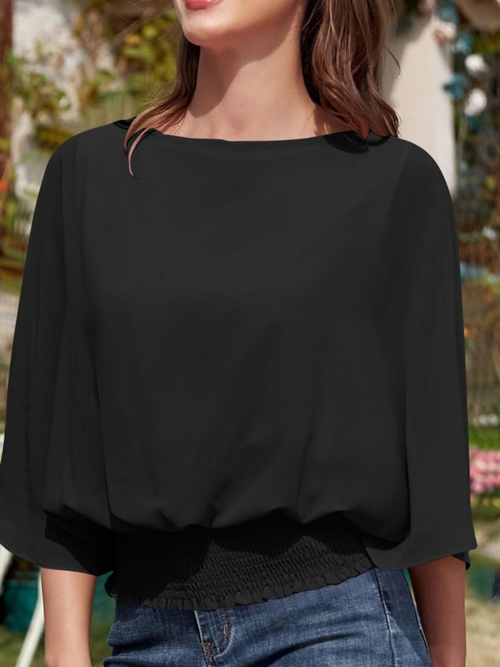 Ann Taylor Black Boatneck Smocked-Hem Top